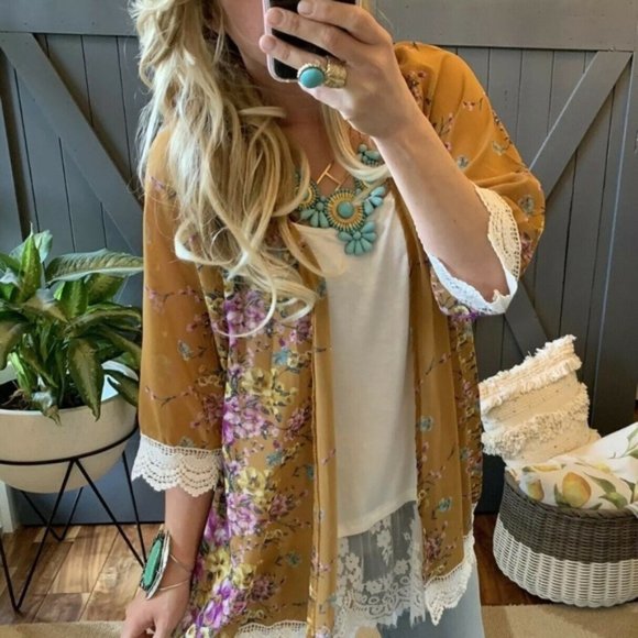 Figeaffashion Tops - Boho Mustard Lace  Floral Kimono Cardigan Jacket